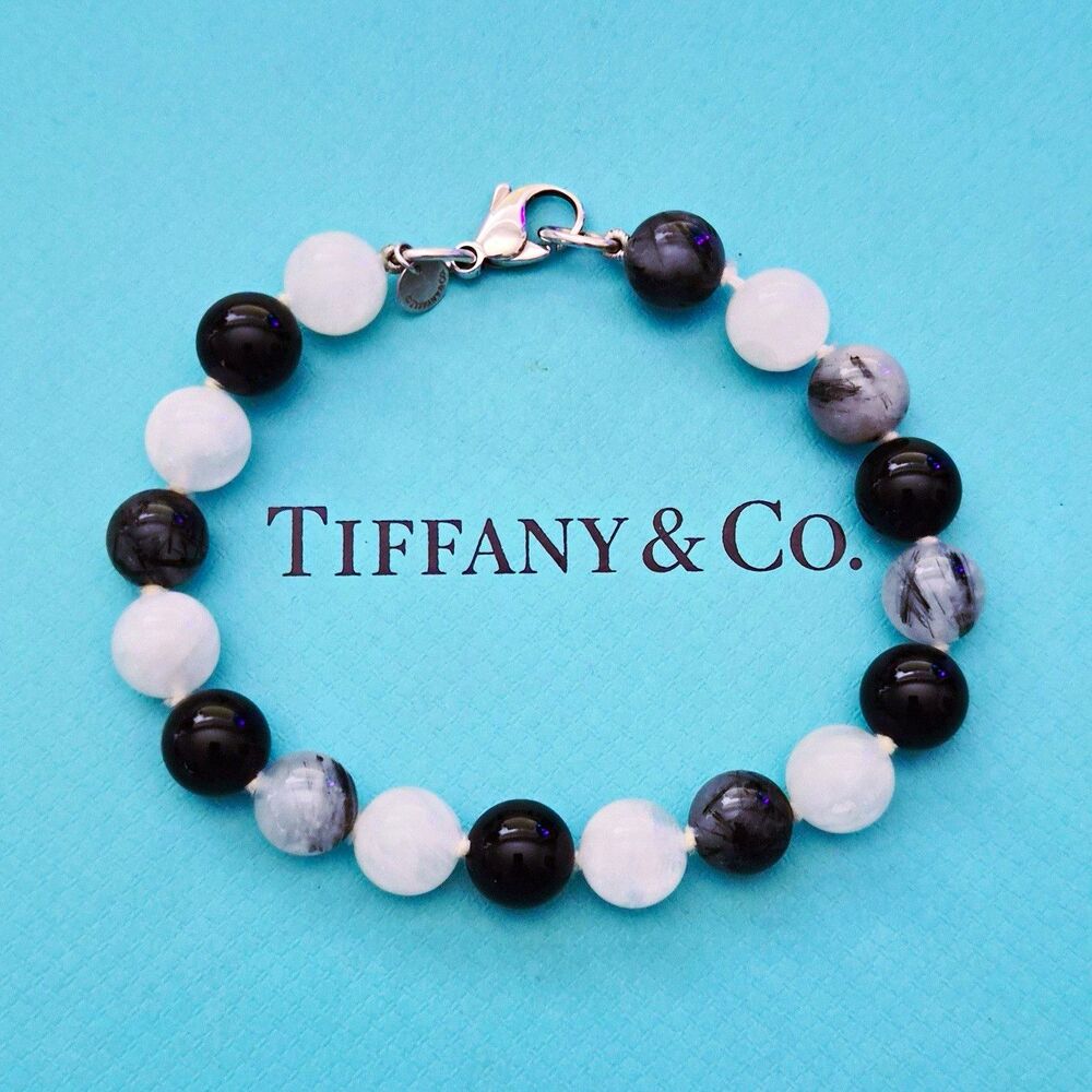 RARE Tiffany & Co. Onyx Moonstone Tourmalinated Quartz Bead Silver Bracelet